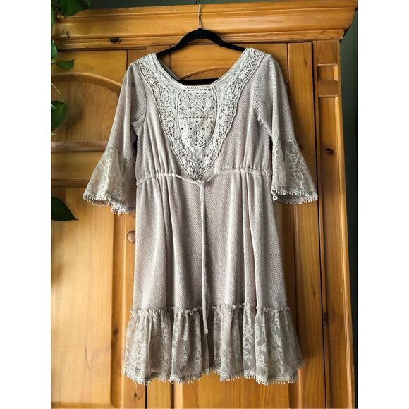 Altar’d State Dress Crochet Lace Taupe Peasant Boho Size S - Picture 2 of 11